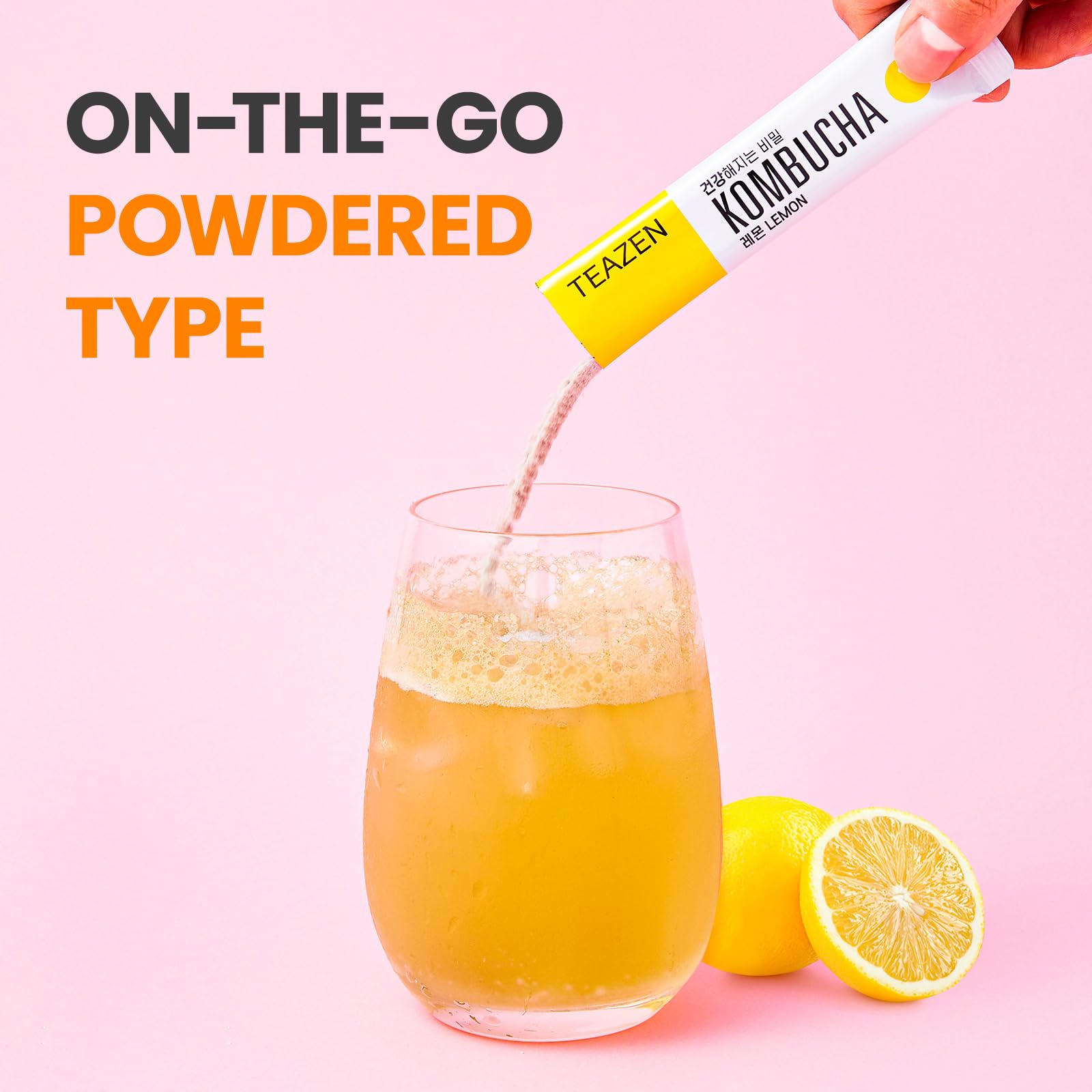 TEAZEN Lemon Kombucha powder dissolves quickly for a tasty, sugar-free sip.