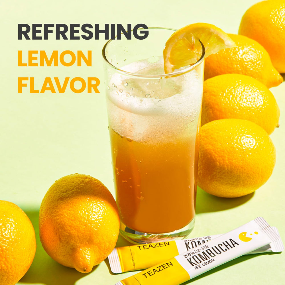 TEAZEN Lemon Kombucha provides probiotics and prebiotics in a bright, fizzy cup.