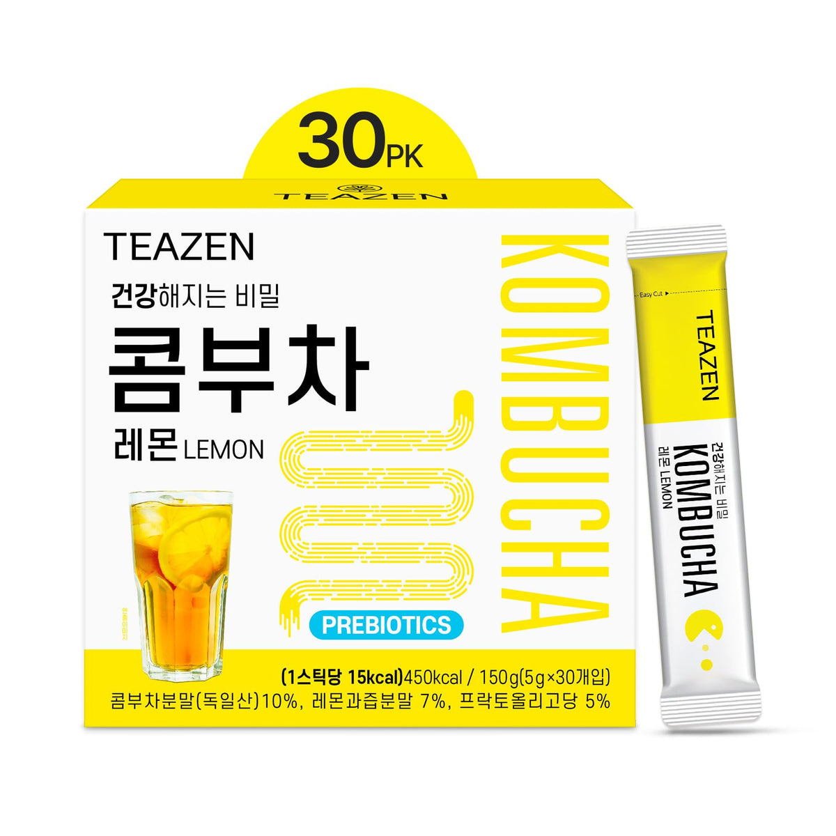 TEAZEN Lemon Kombucha powder dissolves in cold water for a quick, sugar-free refreshment.