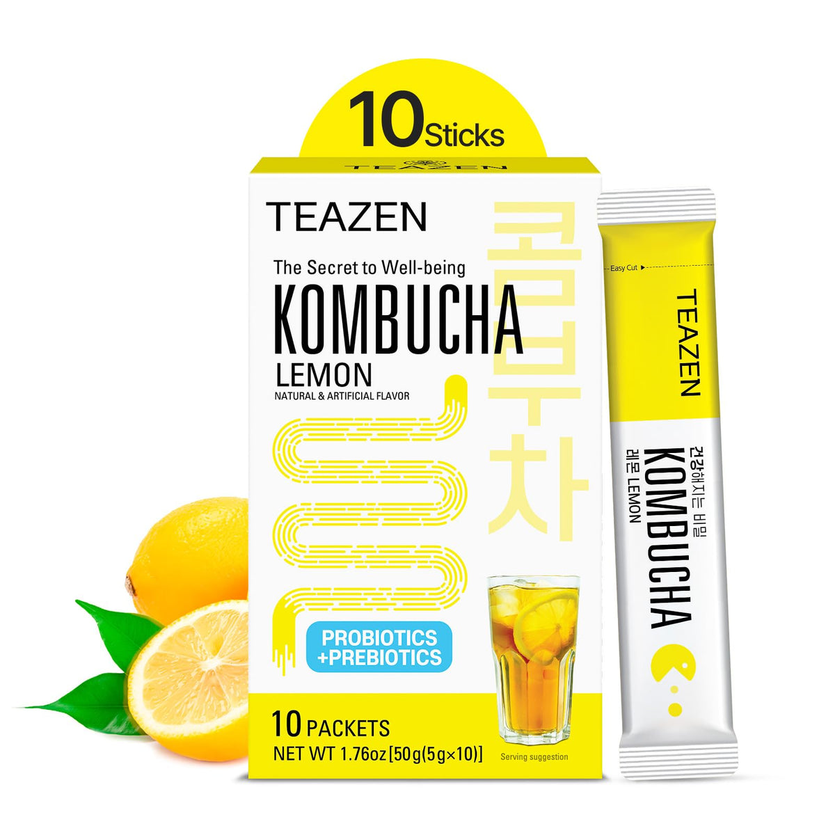 TEAZEN Lemon Kombucha Tea stick dissolving in water for quick, refreshing hydration.