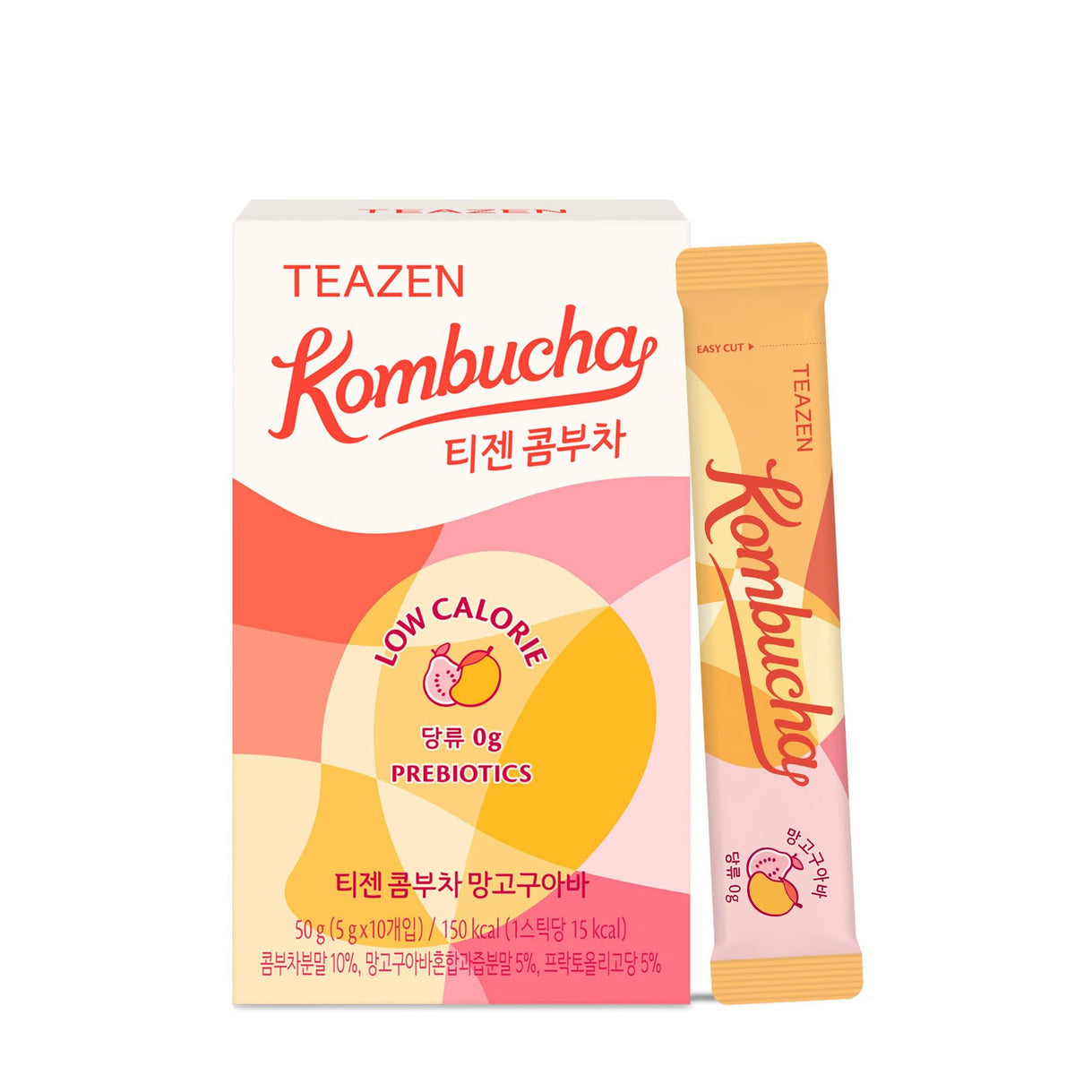TEAZEN Mango Guava Kombucha powder sachet ready for on-the-go hydration.
