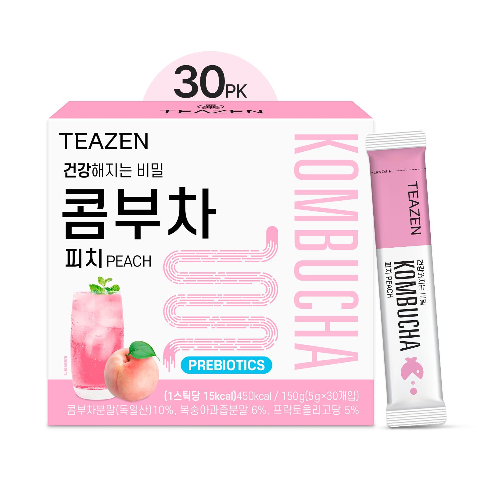 TEAZEN Peach Kombucha packet dissolving quickly for on-the-go hydration.