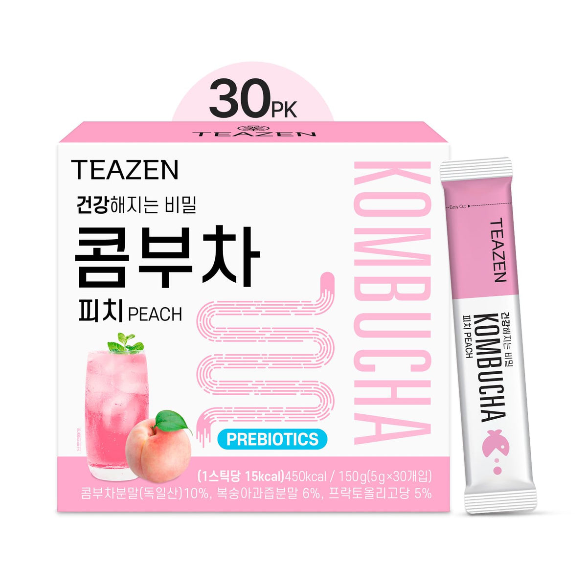 TEAZEN Peach Kombucha packet dissolving quickly for on-the-go hydration.