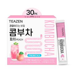 TEAZEN Peach Kombucha packet dissolving quickly for on-the-go hydration.