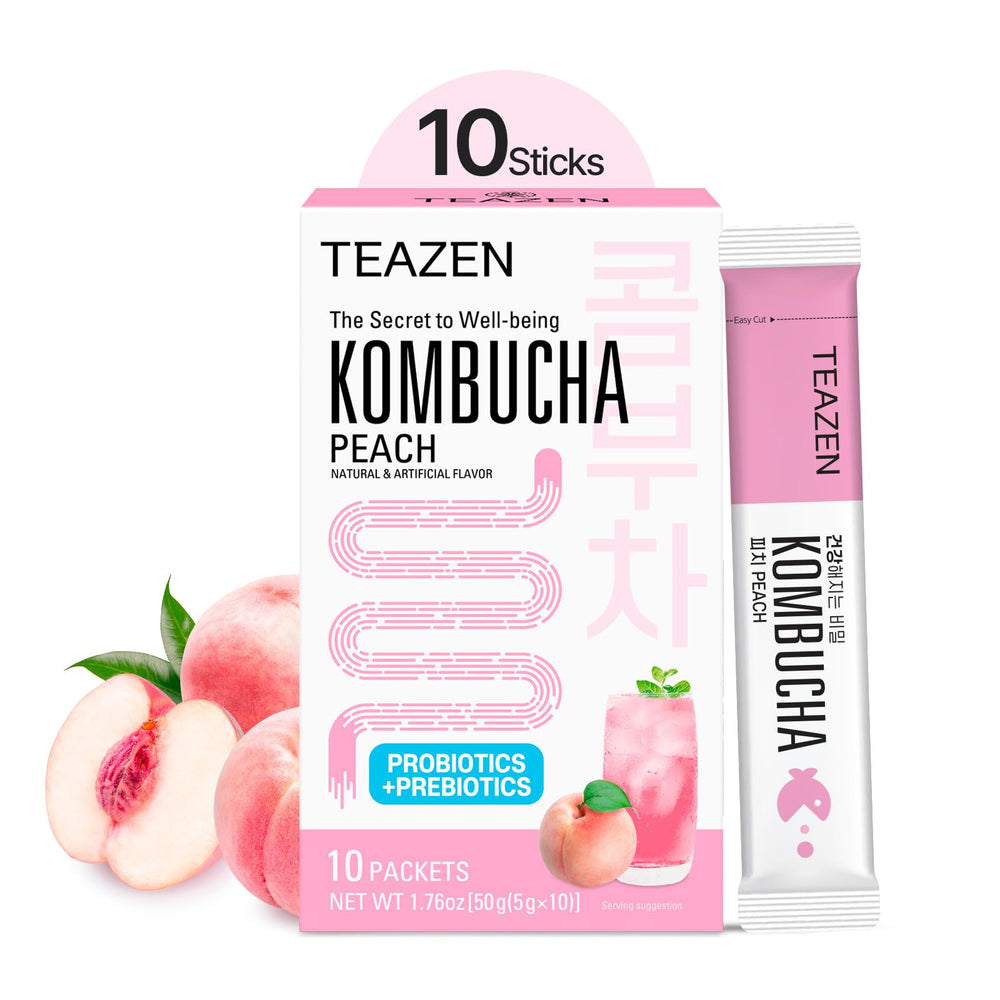 TEAZEN Peach Kombucha powder packaging for quick on-the-go hydration