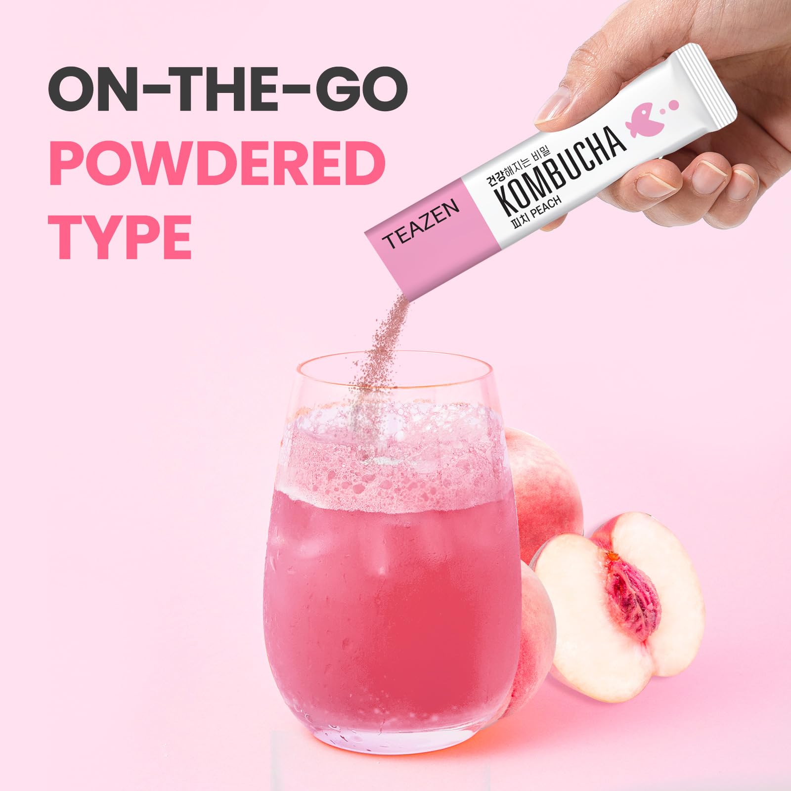TEAZEN Peach Kombucha serving idea with fruit and sparkling water.