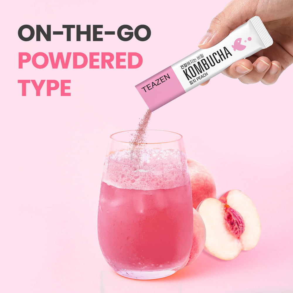 TEAZEN Peach Kombucha serving idea with fruit and sparkling water.
