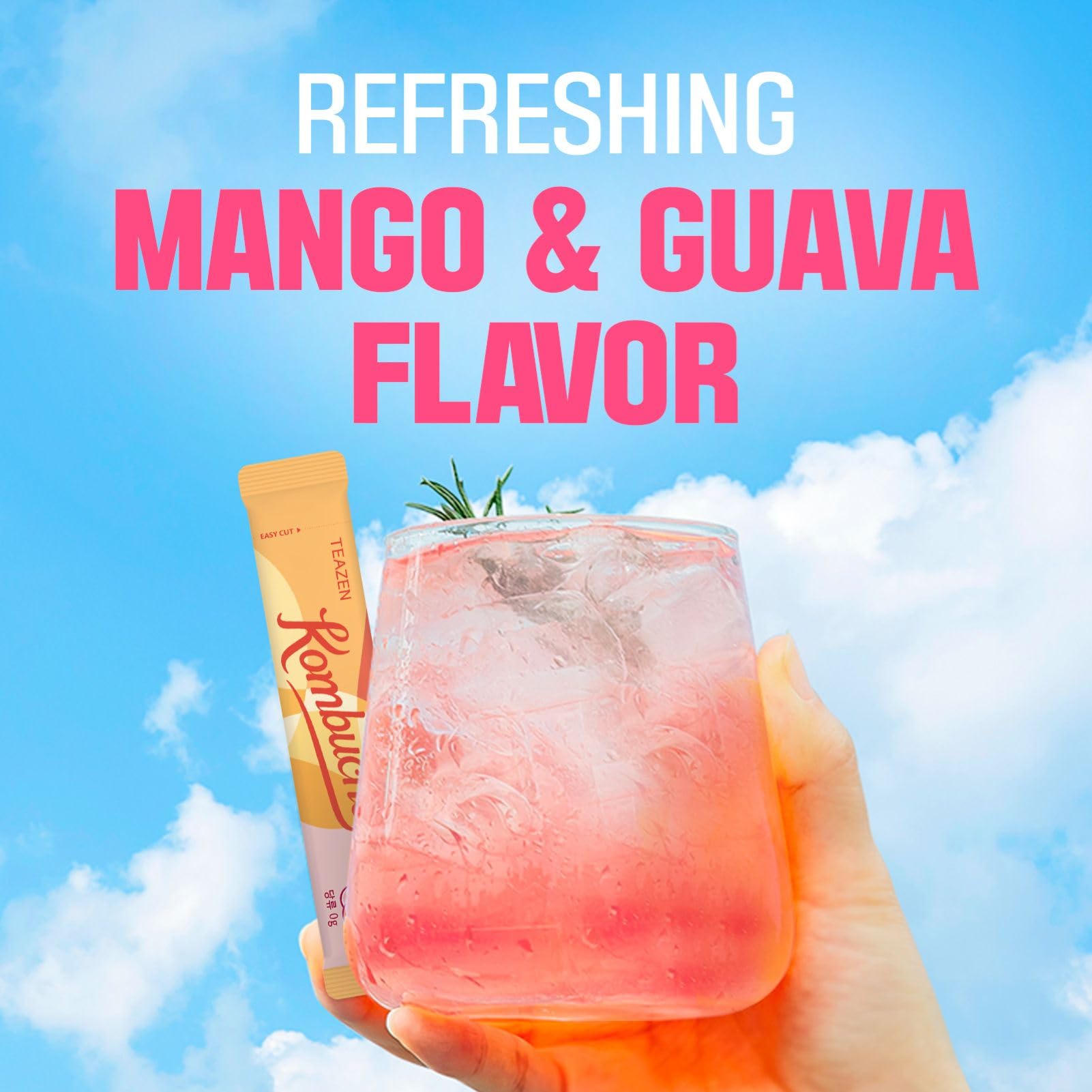 TEAZEN Mango Guava powder mixing into a refreshing bubbly glass.