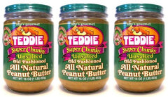 Teddie all natural peanut butter three-pack jars ideal for toast spreads and snacks.