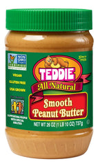Teddie all-natural peanut butter smooth texture close-up for snacking.