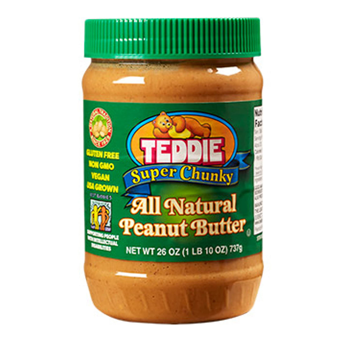 Teddie All Natural Peanut Butter Super Chunky 4-pack jars for convenient snacking.