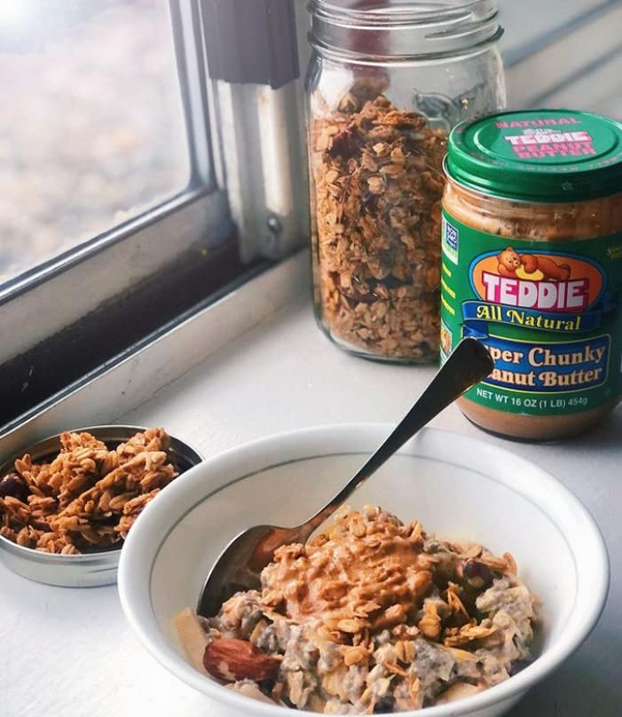 Close-up of roasted peanuts in a Teddie Super Chunky jar.