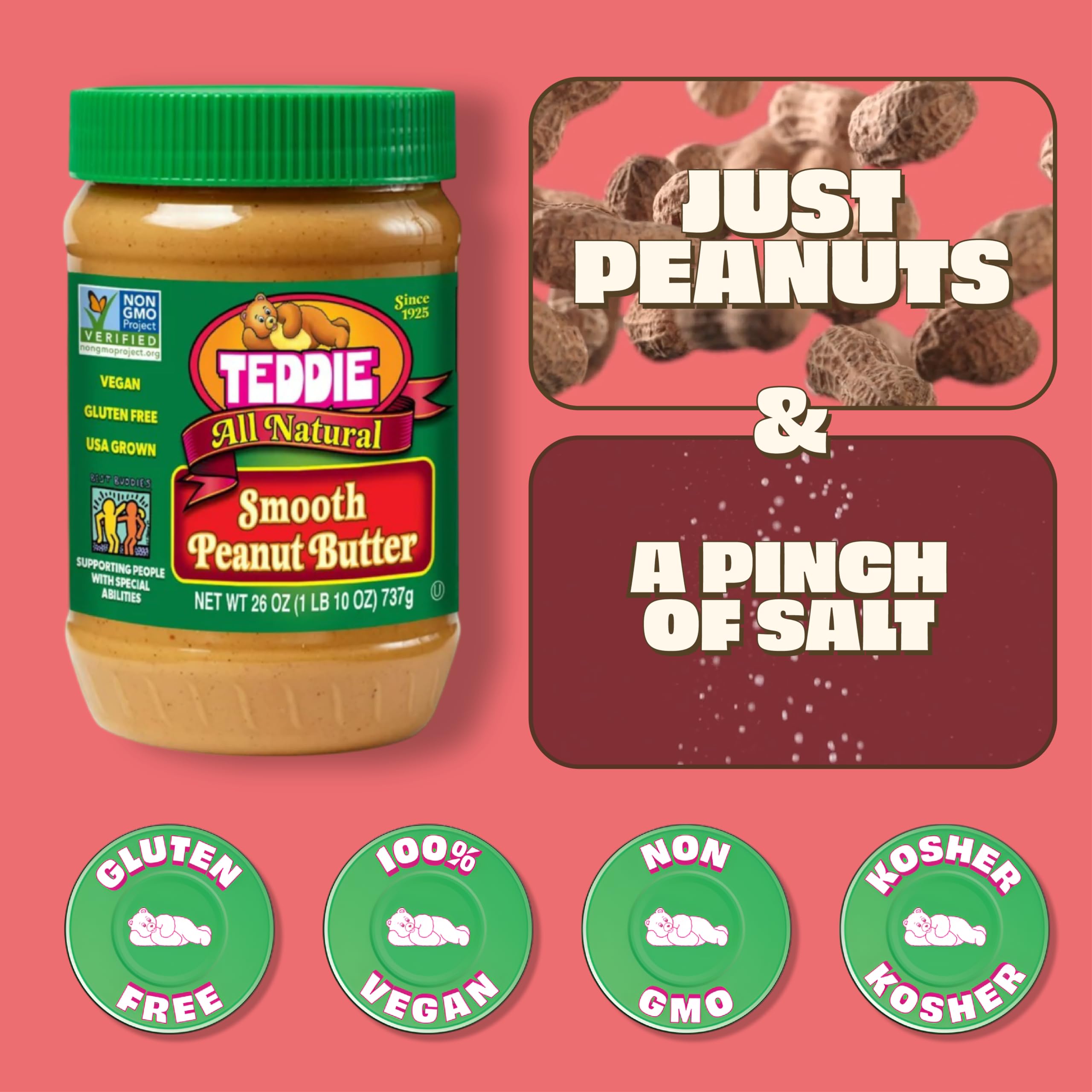Teddie peanut butter jar showcasing creamy spread.