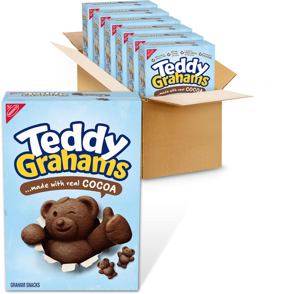 Teddy Grahams chocolate graham snacks box, six-pack, convenient for family treats.