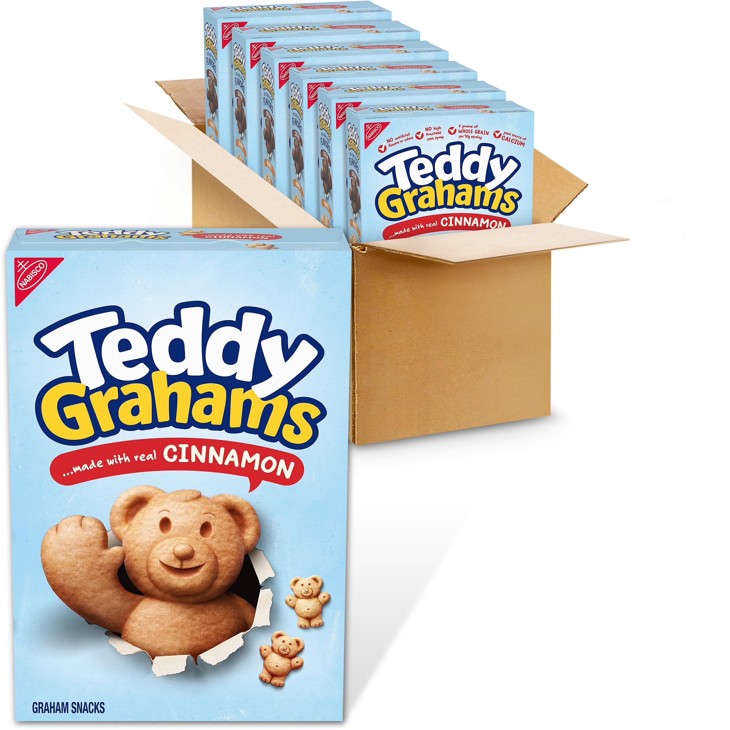 Teddy Grahams Cinnamon box front, bulk six-pack ideal for family snacks.