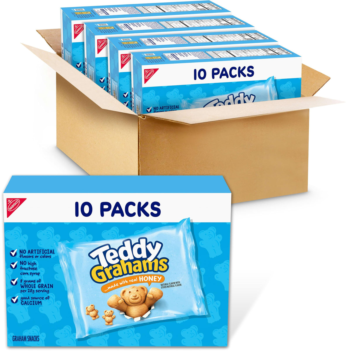 TEDDY GRAHAMS Honey Graham Snacks packaging shows four boxes for easy sharing.