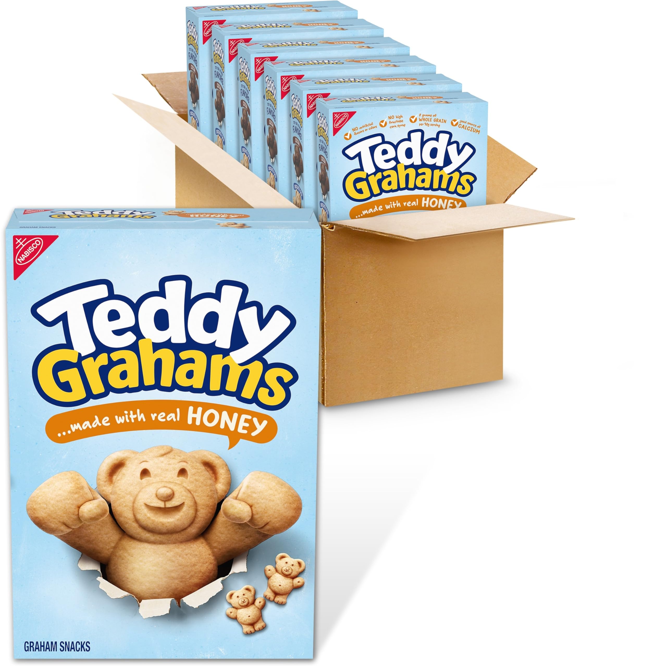 Teddy Grahams Honey packaging in a six-box bulk display for easy family snacking.