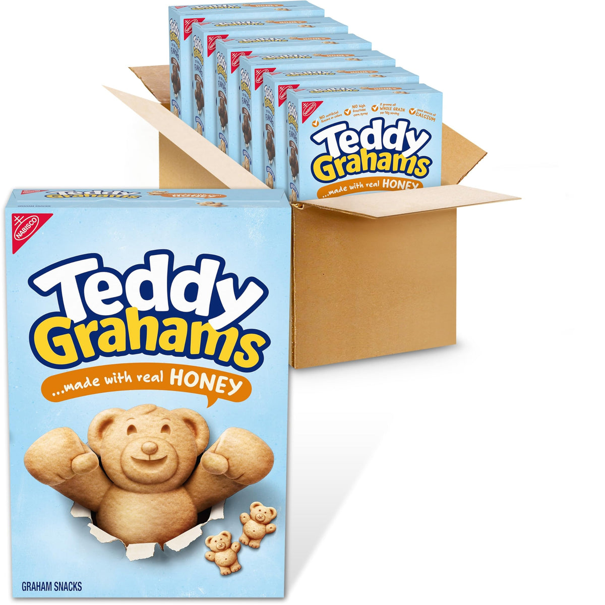 Teddy Grahams Honey packaging in a six-box bulk display for easy family snacking.