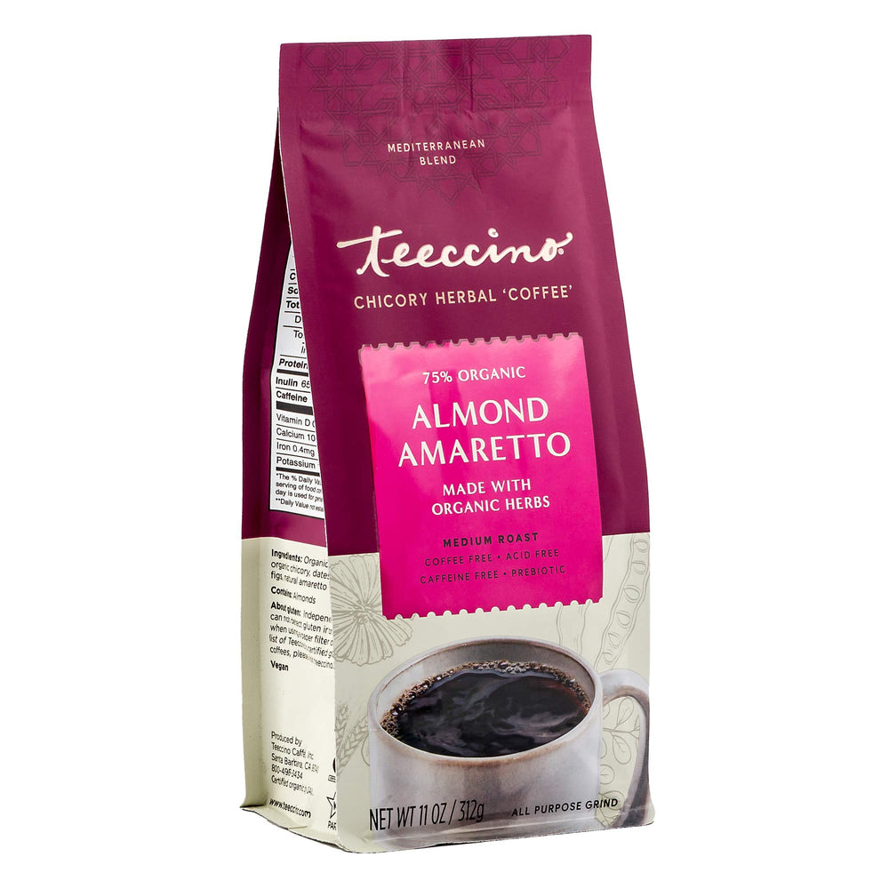 Teeccino Almond Amaretto chicory ground for a caffeine-free daily ritual.