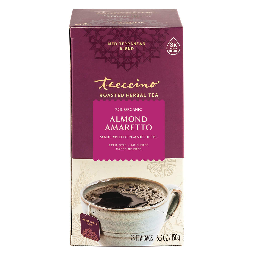 Teeccino Almond Amaretto iced tea refreshes without caffeine on hot days.