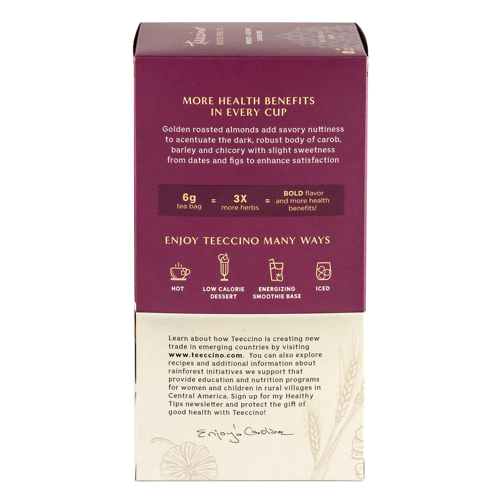 Teeccino Almond Amaretto latte froth creates creamy, dairy-free cafe vibes.