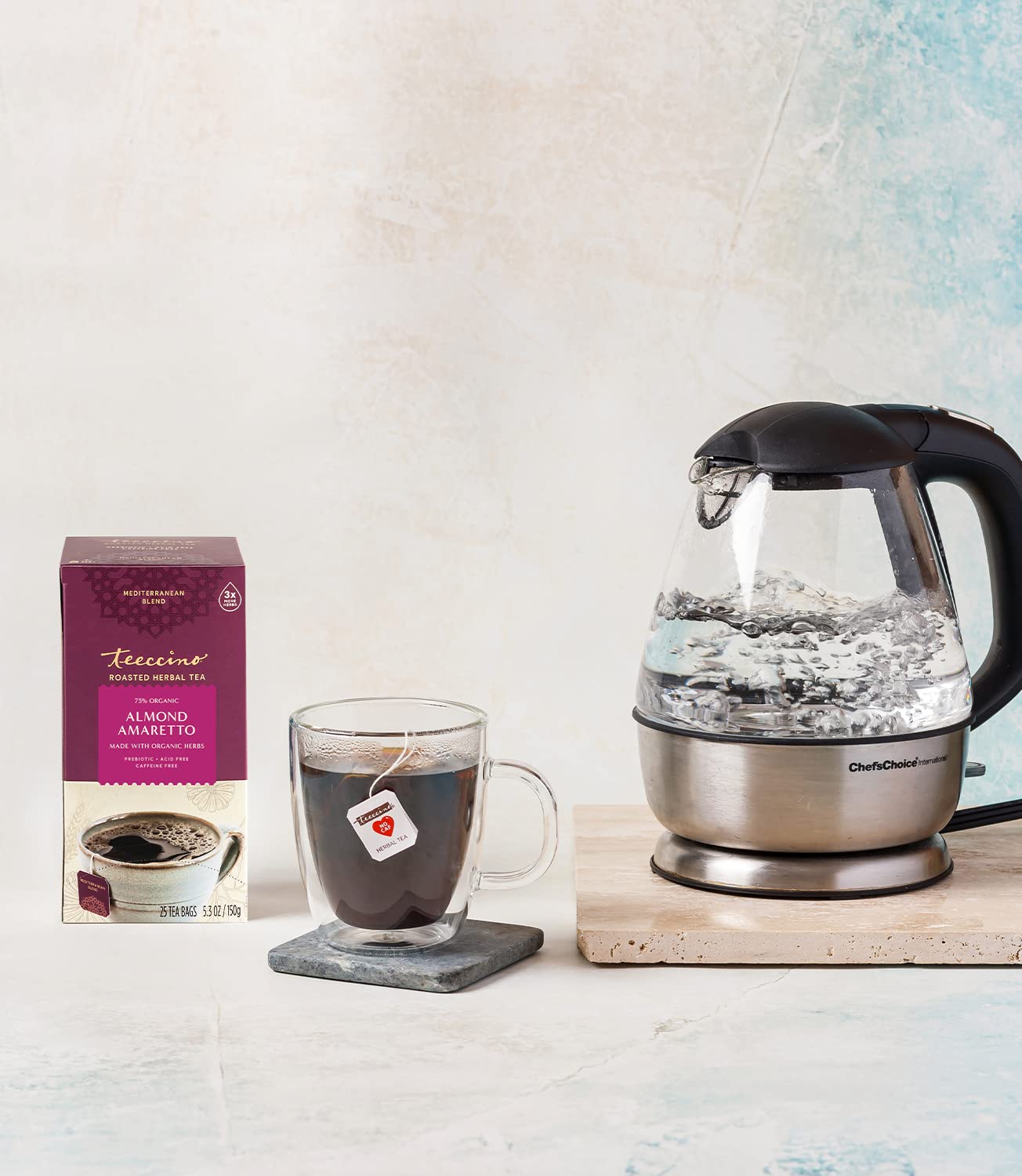 Teeccino Almond Amaretto packaging highlights 25 tea bags for convenience.