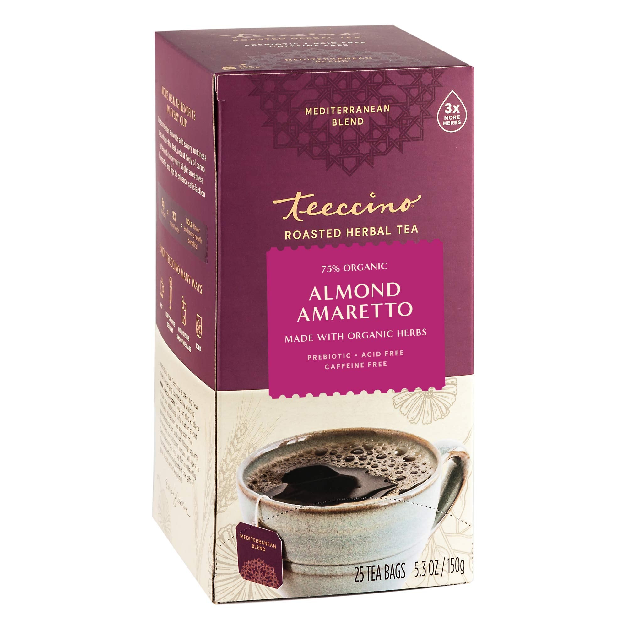 Teeccino Almond Amaretto tea bags offer rich, caffeine-free flavor for cozy moments.