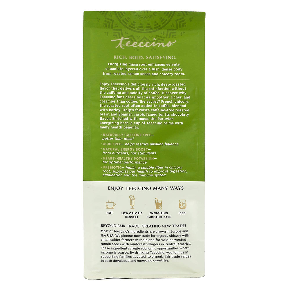 Teeccino brewable ground coffee substitute image demonstrates compatibility with any coffee maker.