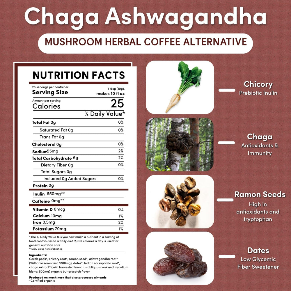 Steaming cup of Teeccino Chaga Ashwagandha shows a cozy, caffeine-free energy option.