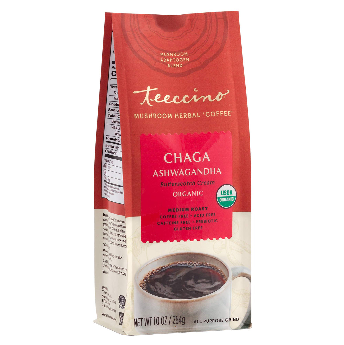 Teeccino Chaga Ashwagandha bottle and label highlighting organic ingredients and caffeine-free promise.