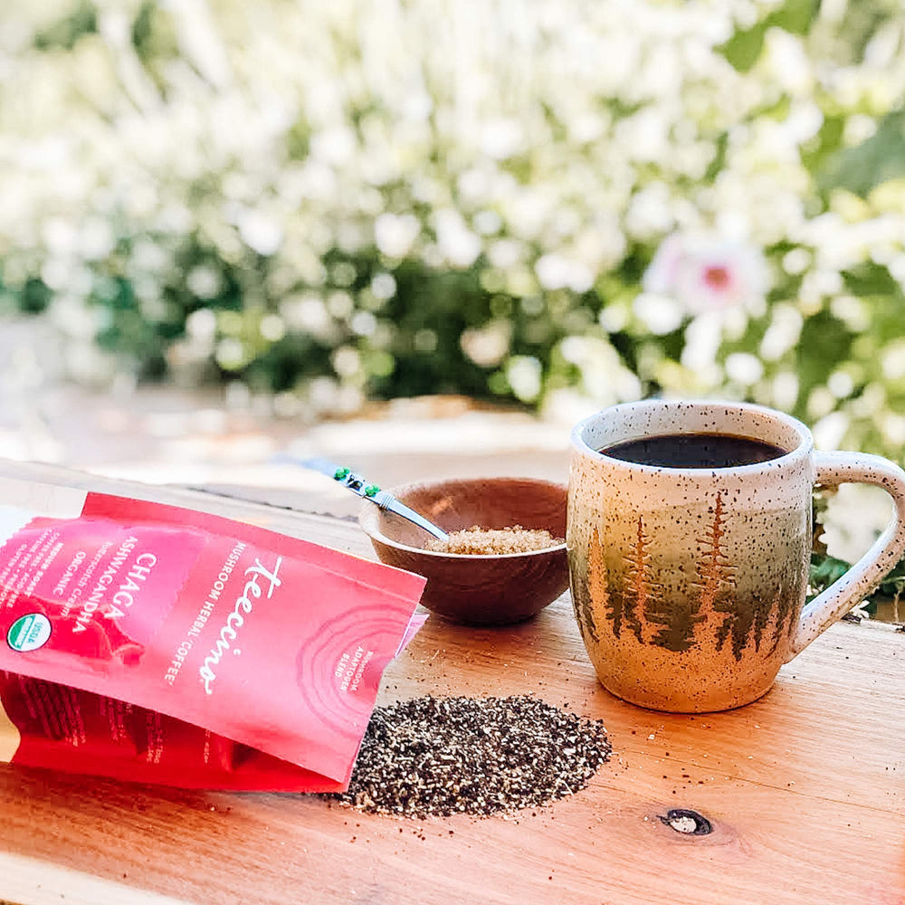 Cappuccino style presentation using Teeccino Chaga Ashwagandha for a cafe-inspired drink.