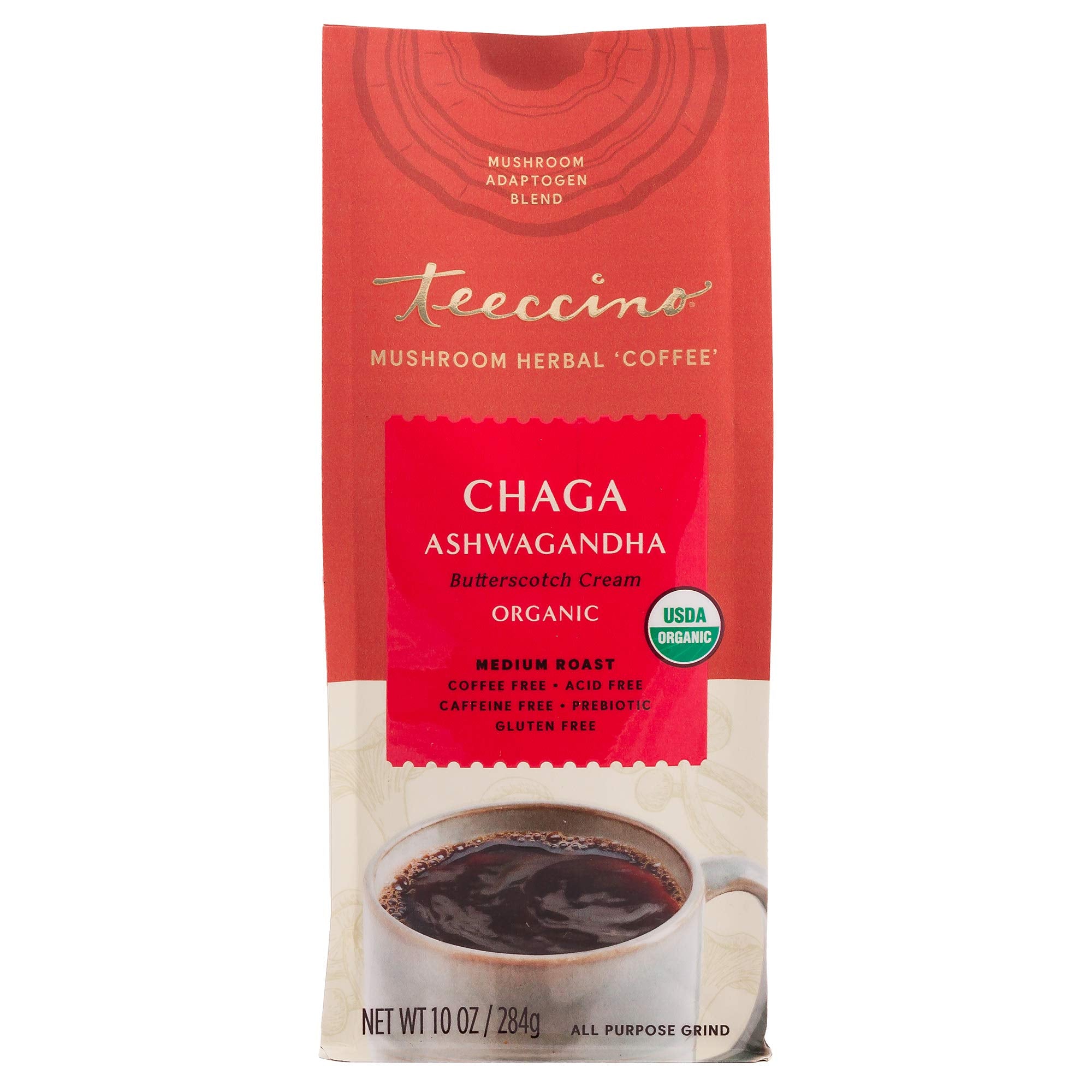Gluten-free seal shown on Teeccino Chaga Ashwagandha packaging for diet-friendly option.