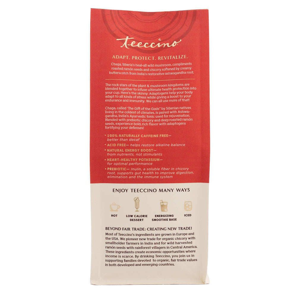Close-up of Teeccino Chaga Ashwagandha ingredients, highlighting organic herbs and chaga.