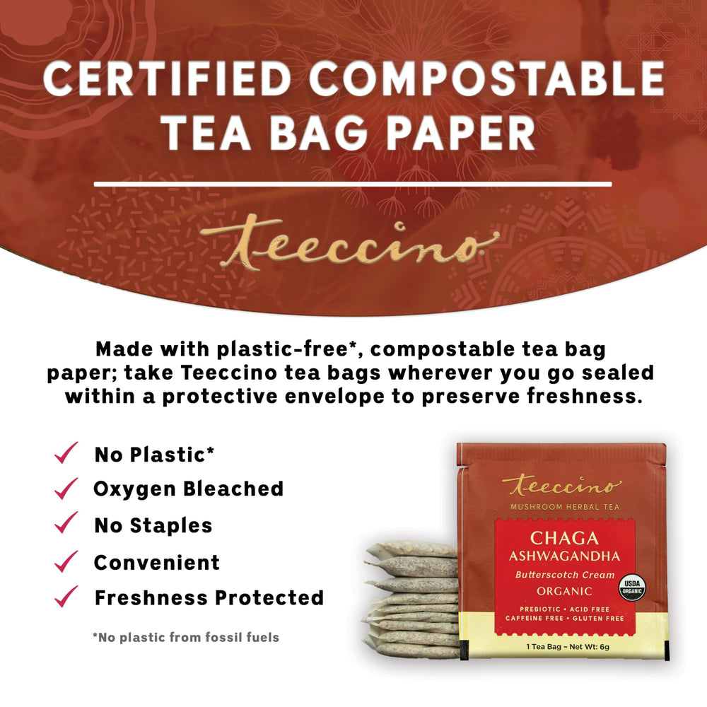 Teeccino Chaga and Ashwagandha ingredients highlight organic blend.
