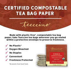 Teeccino Chaga and Ashwagandha ingredients highlight organic blend.