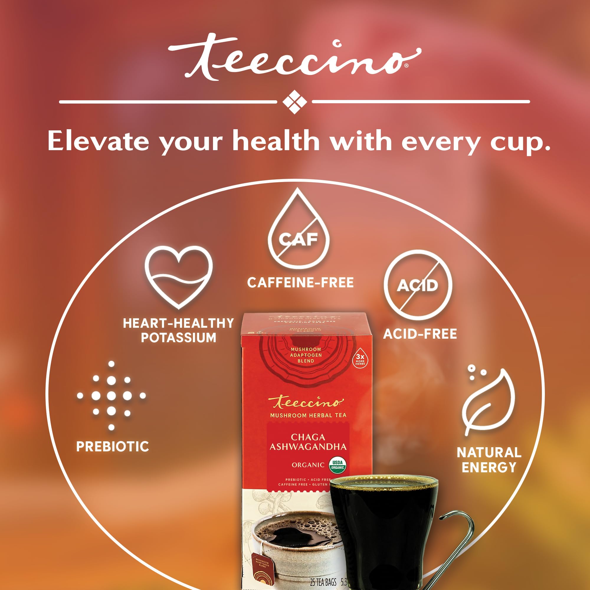 Teeccino mushroom blend powder emphasizes adaptogenic heritage.
