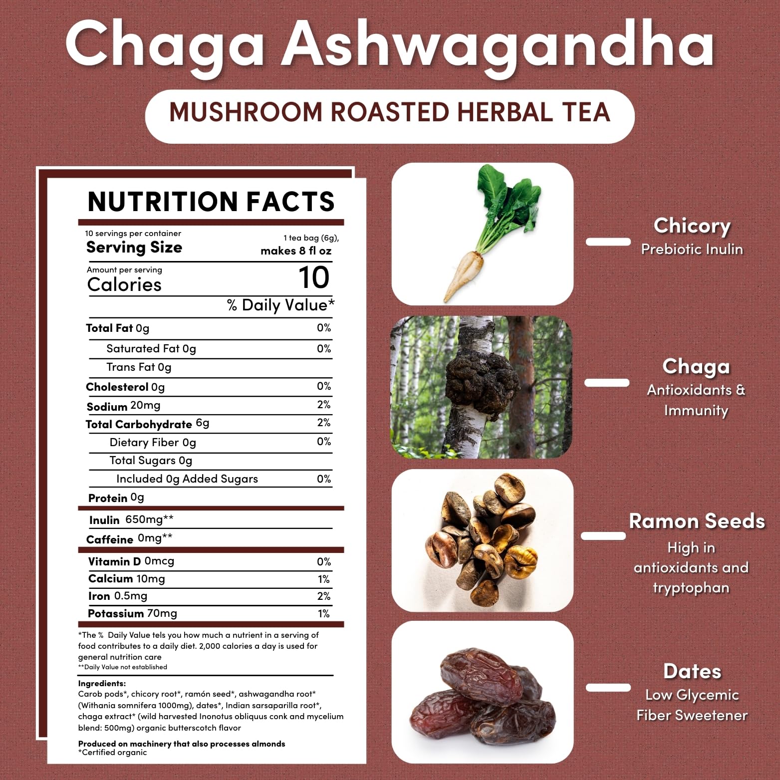 Closeup of Teeccino Chaga Ashwagandha 3x herbs label on pack.
