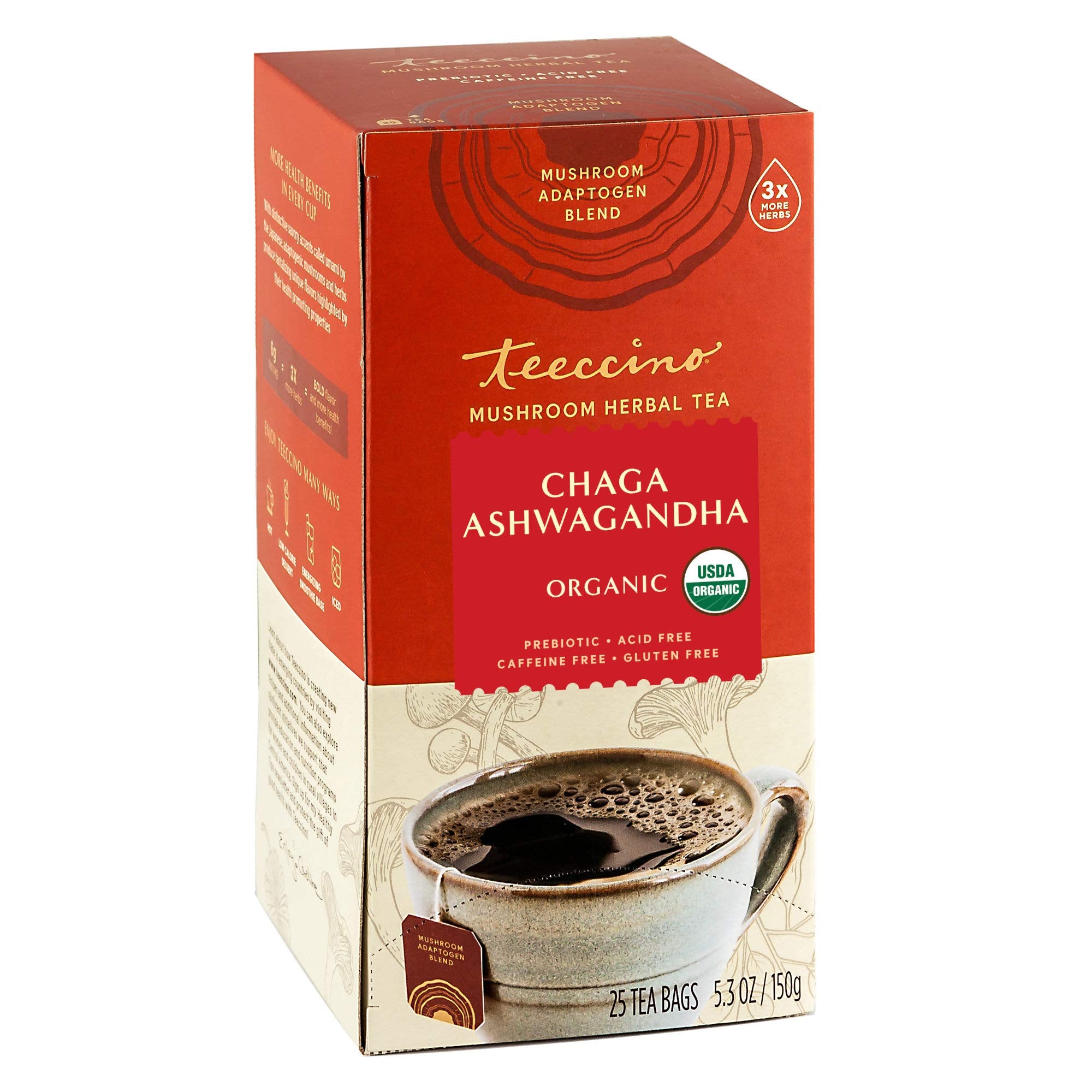 Teeccino Chaga Ashwagandha tea bags for a calming daily ritual.