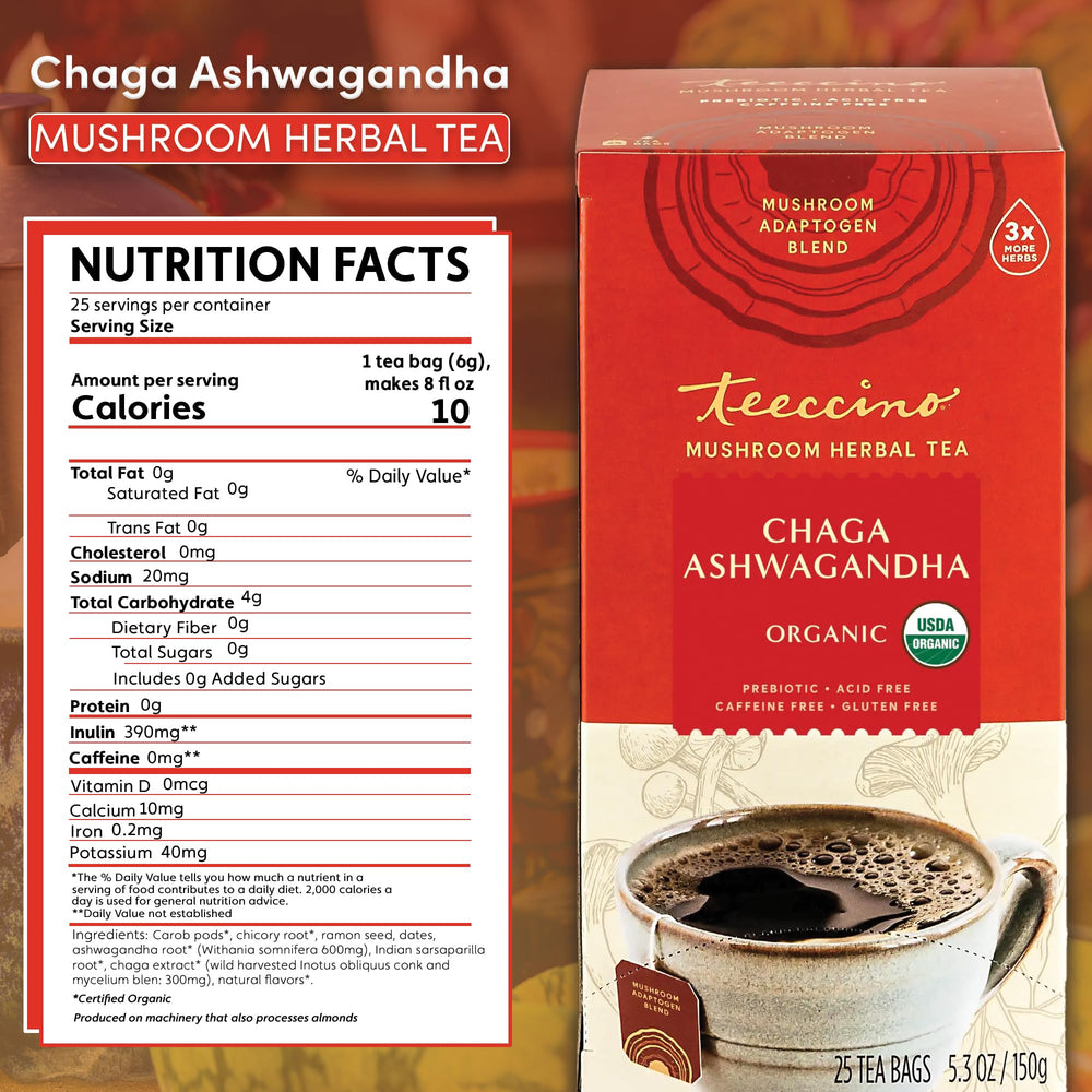 Teeccino Chaga Ashwagandha tea cup ready for cozy moments.
