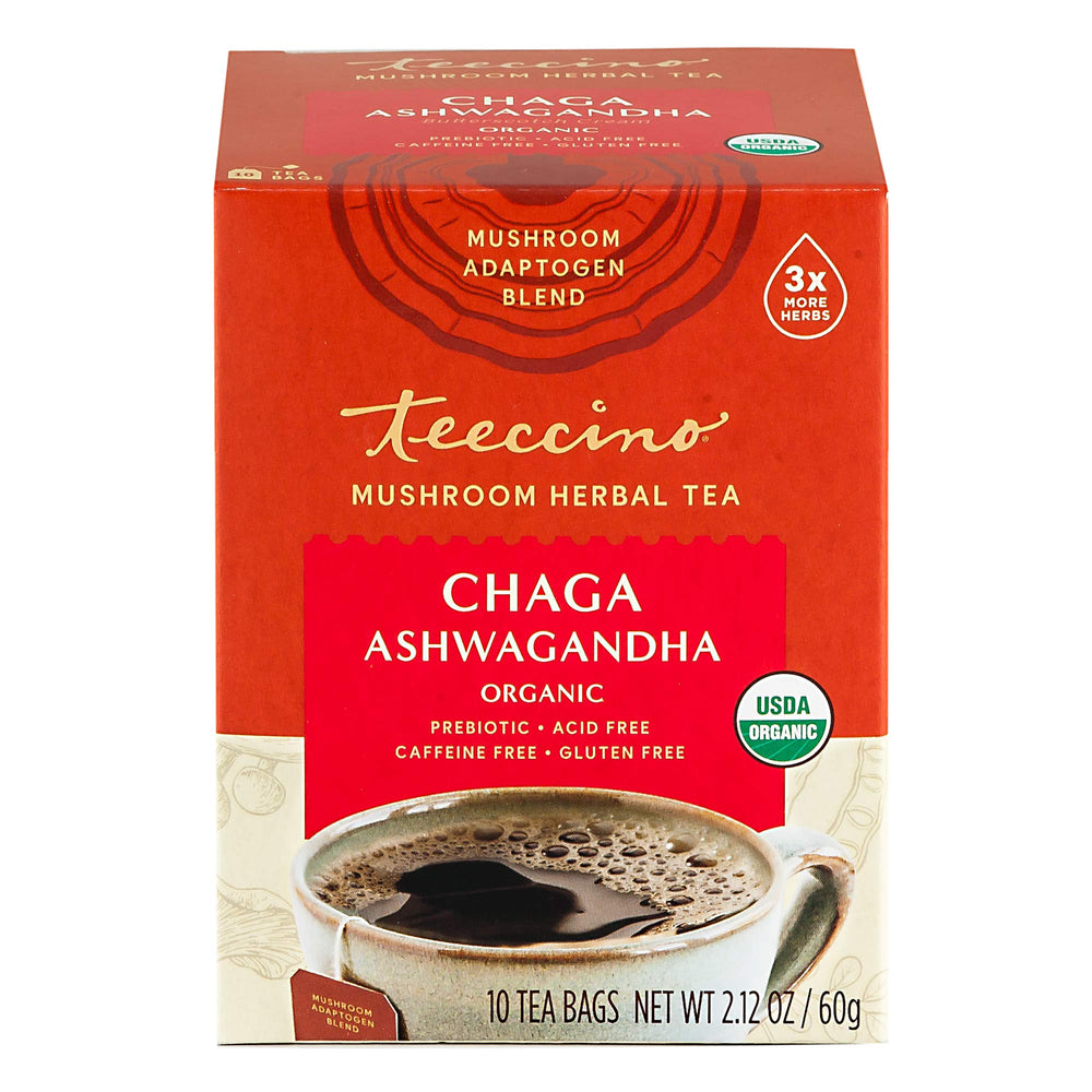 Morning mug of Teeccino Chaga Ashwagandha tea for a calm start.