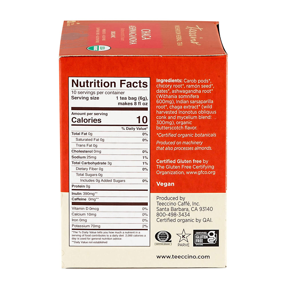 Organic packaging of Teeccino Chaga Ashwagandha tea.