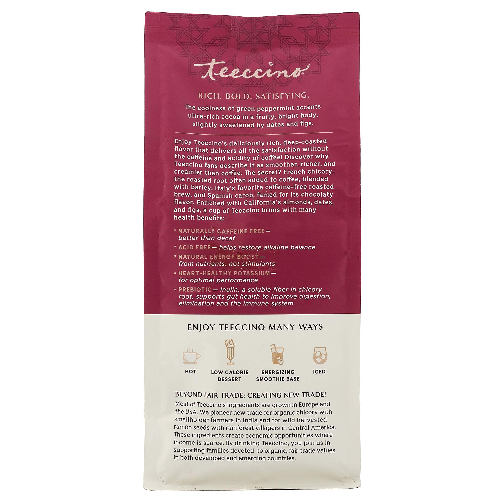 Measuring scoop beside Teeccino ground blend for precise brewing.