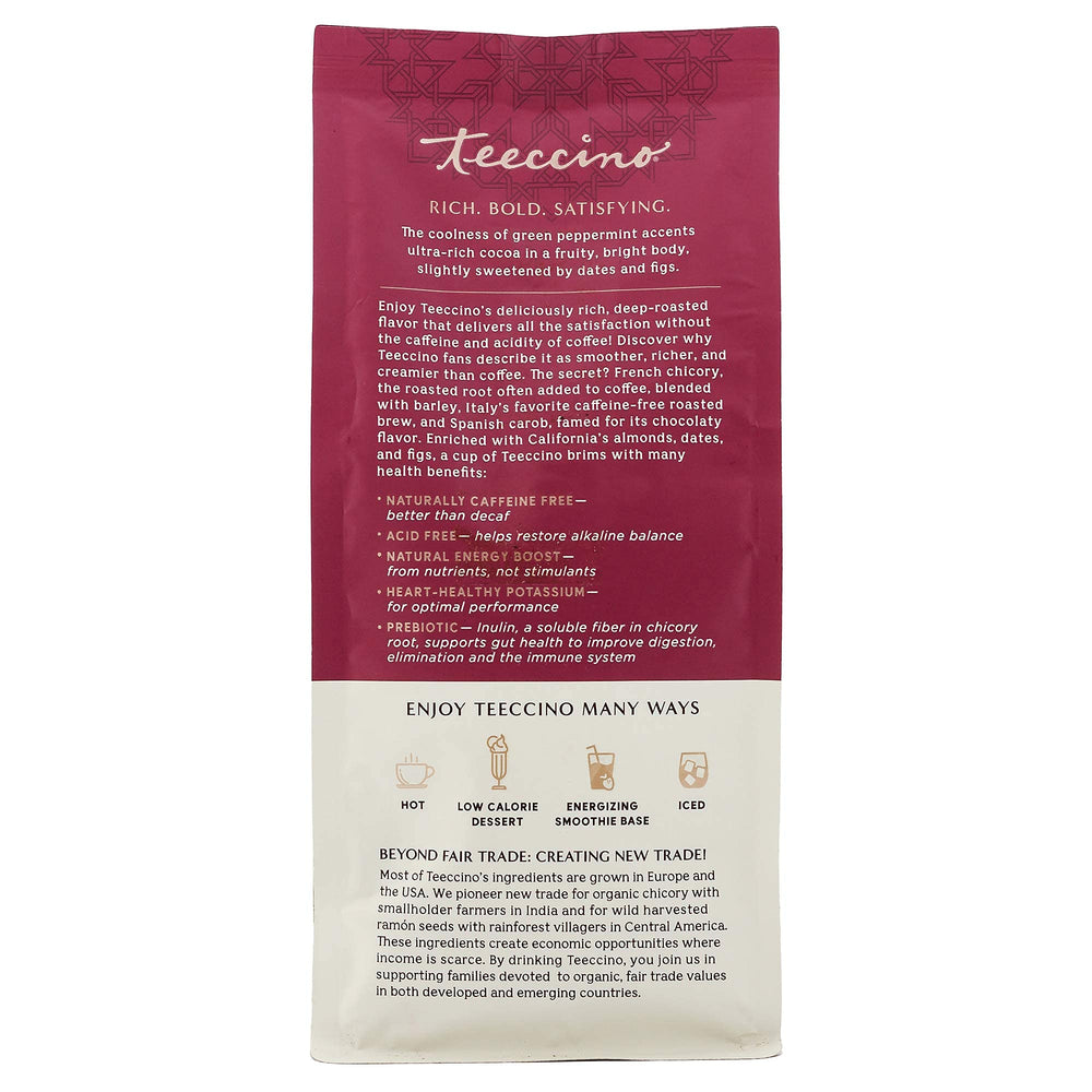 Measuring scoop beside Teeccino ground blend for precise brewing.