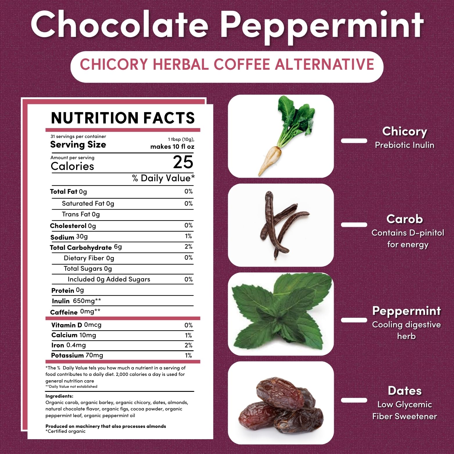 Close-up of Teeccino packaging showing organic herbs and non-GMO label.