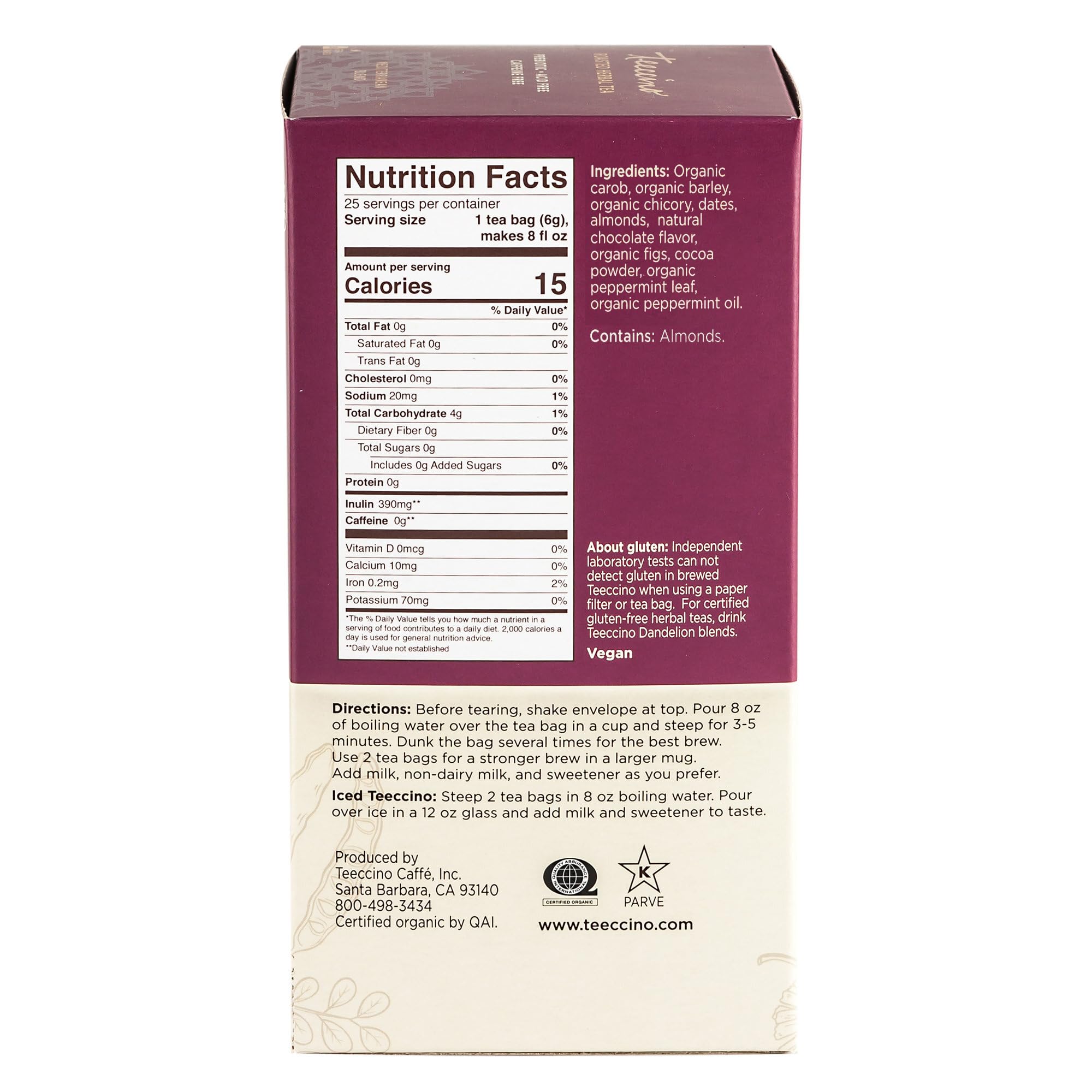 Teeccino Chocolate Peppermint tea hot cup with steam, comforting and cozy.