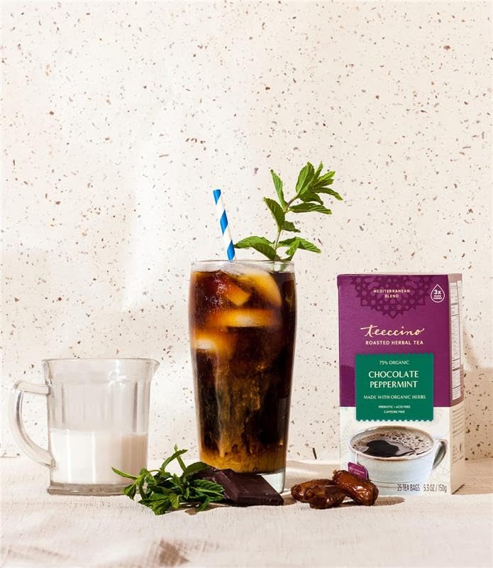 Teeccino Chocolate Peppermint tea ingredients, chicory, cocoa, and peppermint.