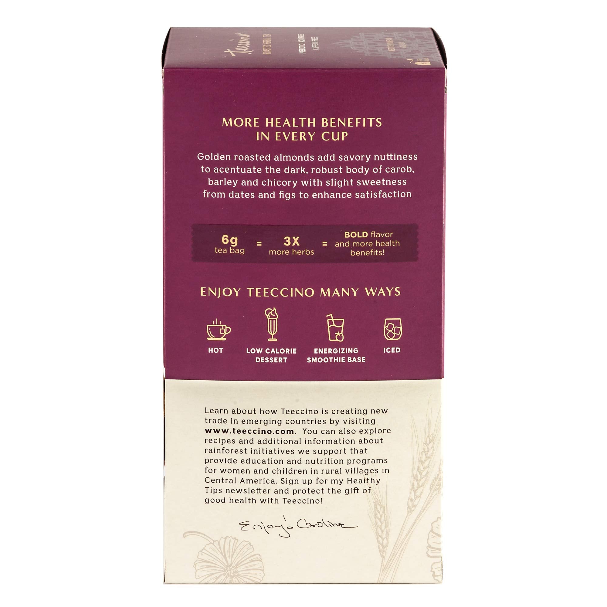 Teeccino Chocolate Peppermint tea packaging, convenient 25-tea-bag box.