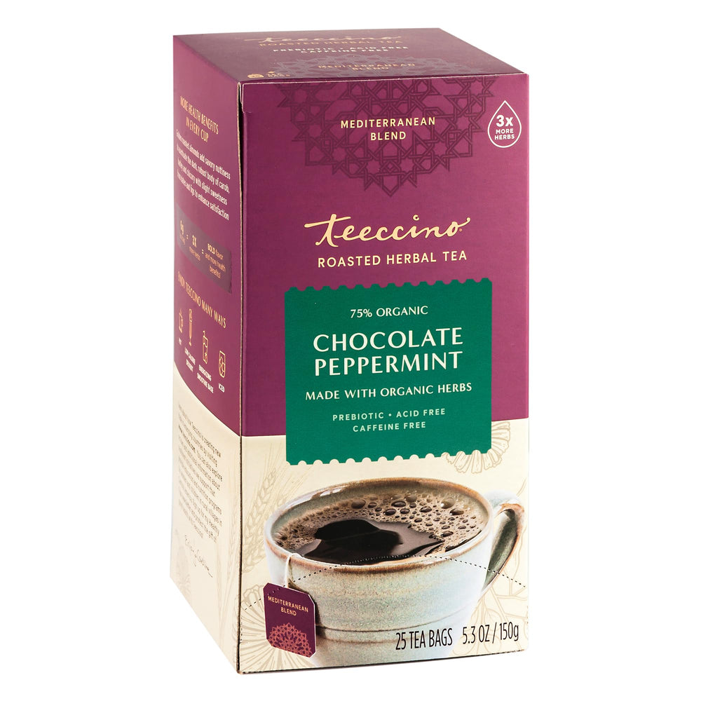 Teeccino Chocolate Peppermint tea bags, a caffeine-free indulgence for any time.