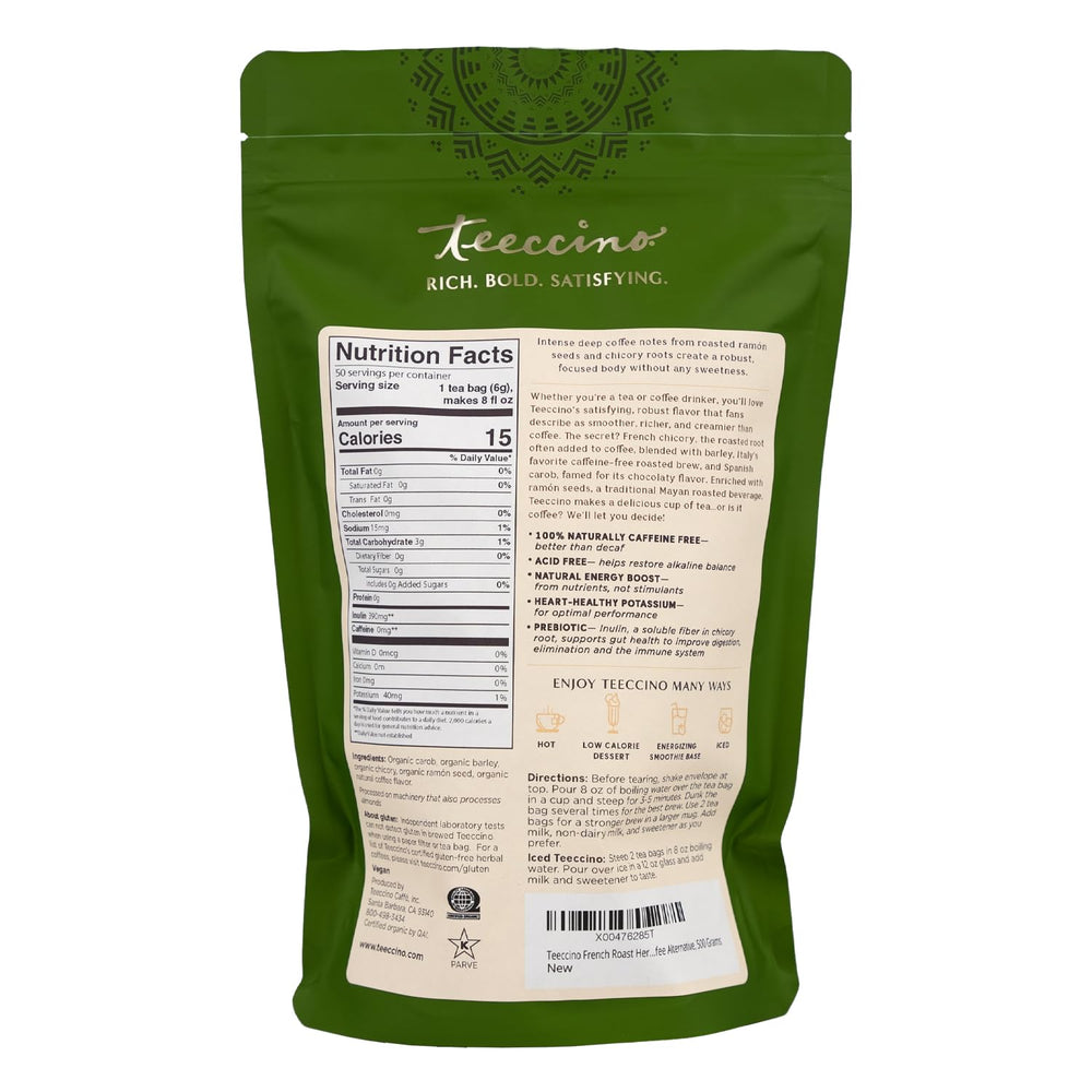 Teeccino tagless tea bags are compostable, supporting eco-friendly tea rituals.