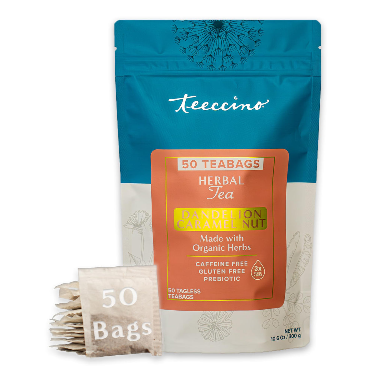 Teeccino Dandelion Caramel Nut tea bag ready for infusion with eco-friendly packaging.